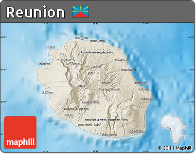 Shaded Relief Map of Reunion, political shades outside, shaded relief sea