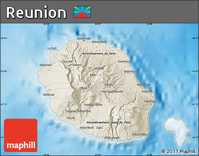 Shaded Relief Map of Reunion, political shades outside, shaded relief sea