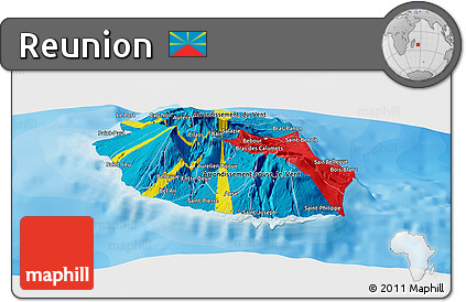 Flag Panoramic Map of Reunion, shaded relief outside, bathymetry sea, flag rotated