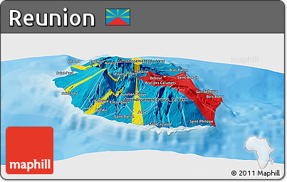 Flag Panoramic Map of Reunion, shaded relief outside, bathymetry sea, flag rotated
