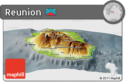 Physical Panoramic Map of Reunion, darken, semi-desaturated
