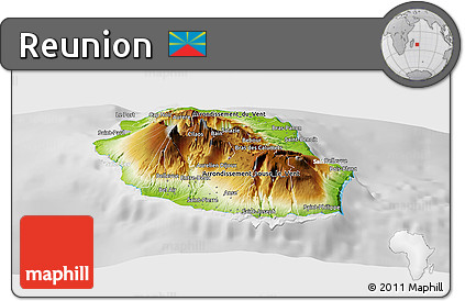 Physical Panoramic Map of Reunion, lighten, desaturated