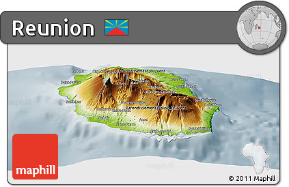 Physical Panoramic Map of Reunion, semi-desaturated