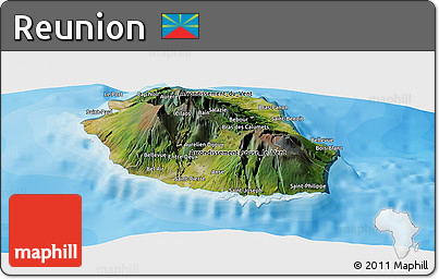 Satellite Panoramic Map of Reunion, single color outside, bathymetry sea, shaded relief sea