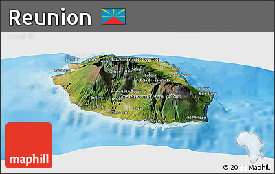 Satellite Panoramic Map of Reunion, single color outside, bathymetry sea, shaded relief sea