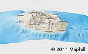 Shaded Relief Panoramic Map of Reunion, darken, desaturated, land only