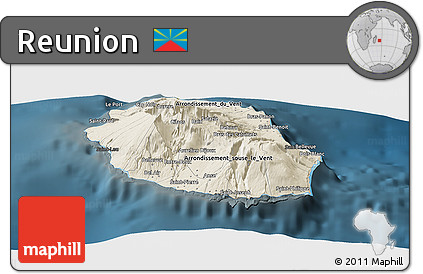 Shaded Relief Panoramic Map of Reunion, darken