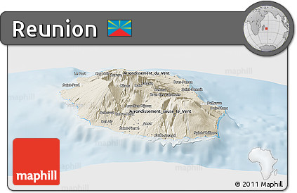 Shaded Relief Panoramic Map of Reunion, lighten