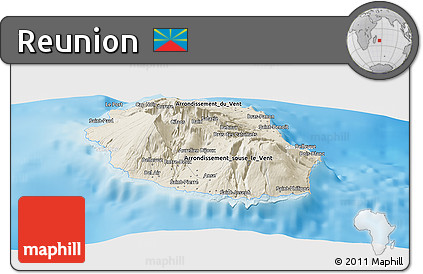 Shaded Relief Panoramic Map of Reunion, lighten, land only