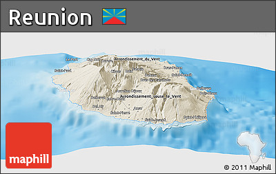 Shaded Relief Panoramic Map of Reunion, lighten, land only