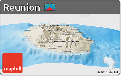 Shaded Relief Panoramic Map of Reunion, lighten, land only