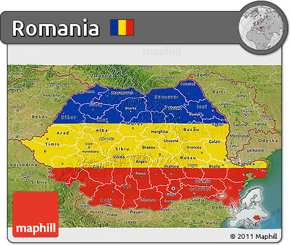 Flag 3D Map of Romania, satellite outside, flag rotated