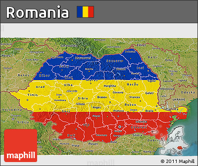 Flag 3D Map of Romania, satellite outside, flag rotated