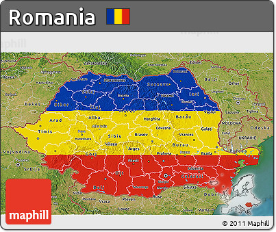 Flag 3D Map of Romania, satellite outside, flag rotated