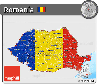 Flag 3D Map of Romania, single color outside, bathymetry sea, flag centered