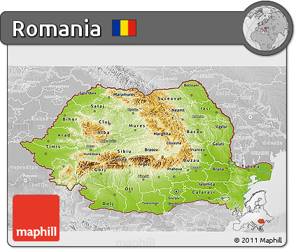 Physical 3D Map of Romania, lighten, desaturated