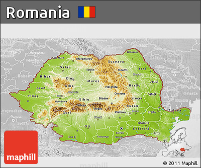 Physical 3D Map of Romania, lighten, desaturated