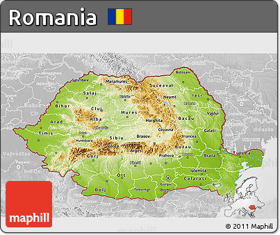 Physical 3D Map of Romania, lighten, desaturated