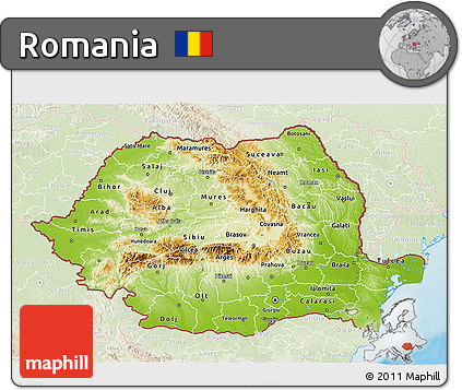 Physical 3D Map of Romania, lighten, land only