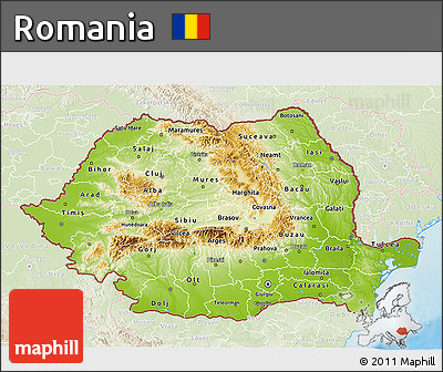 Physical 3D Map of Romania, lighten, land only