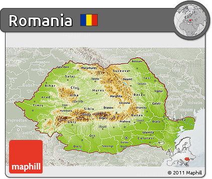 Physical 3D Map of Romania, lighten, semi-desaturated
