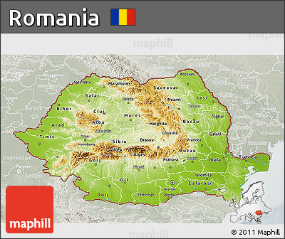 Physical 3D Map of Romania, lighten, semi-desaturated
