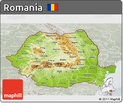 Physical 3D Map of Romania, lighten, semi-desaturated