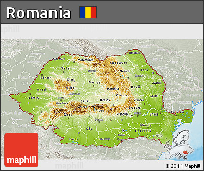Physical 3D Map of Romania, lighten, semi-desaturated, land only