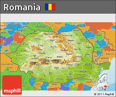 Physical 3D Map of Romania, political outside, shaded relief sea