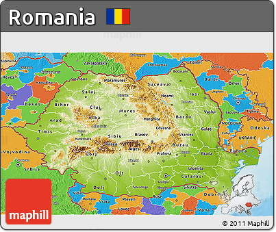 Physical 3D Map of Romania, political outside, shaded relief sea