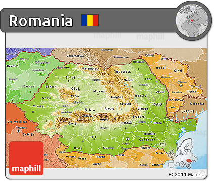 Physical 3D Map of Romania, political shades outside, shaded relief sea