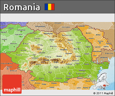Physical 3D Map of Romania, political shades outside, shaded relief sea