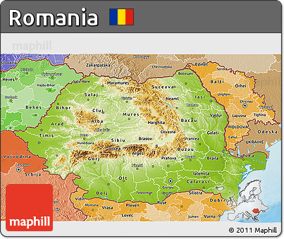 Physical 3D Map of Romania, political shades outside, shaded relief sea