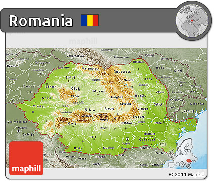 Physical 3D Map of Romania, semi-desaturated, land only