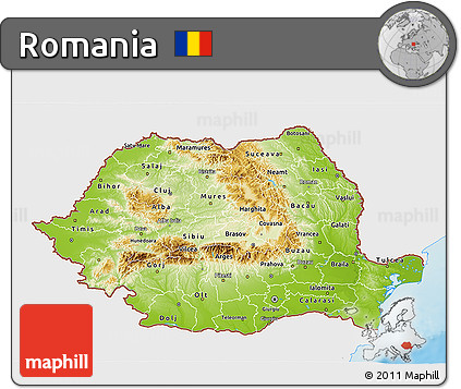 Physical 3D Map of Romania, single color outside