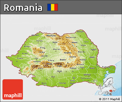 Physical 3D Map of Romania, single color outside