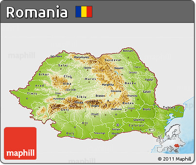 Physical 3D Map of Romania, single color outside