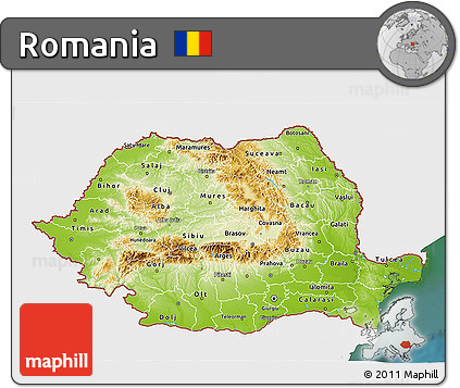 Physical 3D Map of Romania, single color outside, satellite sea