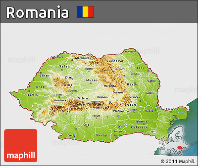 Physical 3D Map of Romania, single color outside, satellite sea