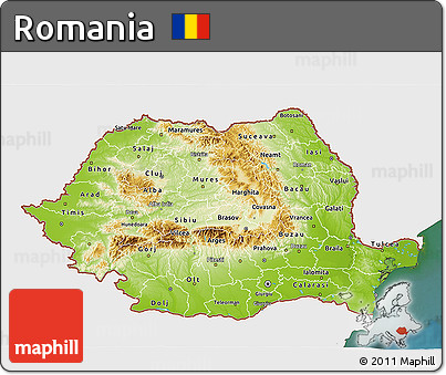 Physical 3D Map of Romania, single color outside, satellite sea