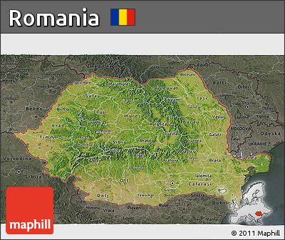 Satellite 3D Map of Romania, darken, semi-desaturated