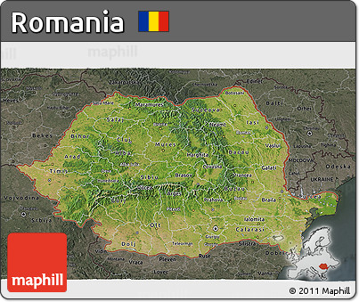 Satellite 3D Map of Romania, darken, semi-desaturated