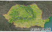 Satellite 3D Map of Romania, darken, semi-desaturated, land only