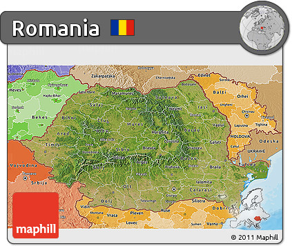 Satellite 3D Map of Romania, political shades outside