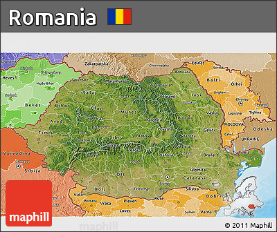 Satellite 3D Map of Romania, political shades outside