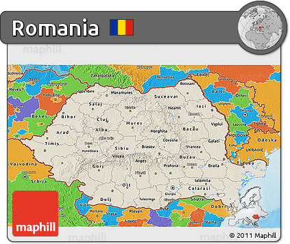 Shaded Relief 3D Map of Romania, political outside, shaded relief sea