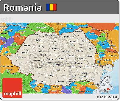 Shaded Relief 3D Map of Romania, political outside, shaded relief sea