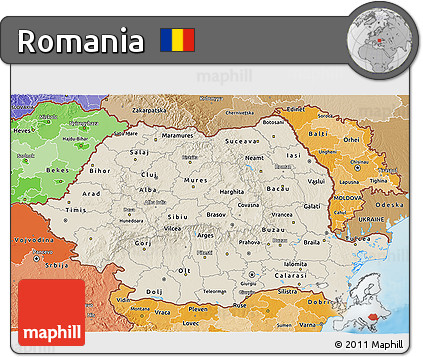 Shaded Relief 3D Map of Romania, political shades outside, shaded relief sea