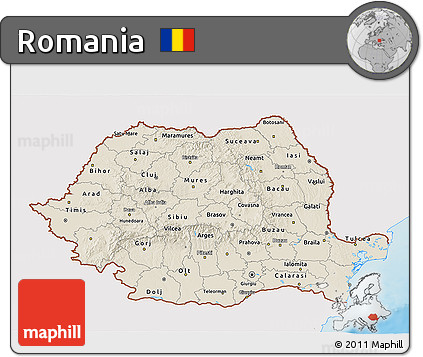 Shaded Relief 3D Map of Romania, single color outside
