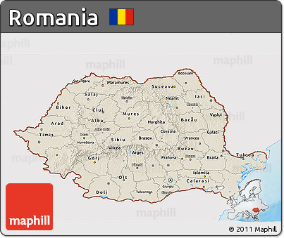 Shaded Relief 3D Map of Romania, single color outside